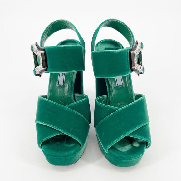 Prada Green Velvet Crystal Strappy Chunky Block Heel Platform Sandal size IT 36 - Picture 5 of 11